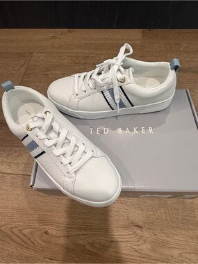 Ted Baker “Bailey Icon” White Sneakers with Navy and Light Blue Stripe Accents